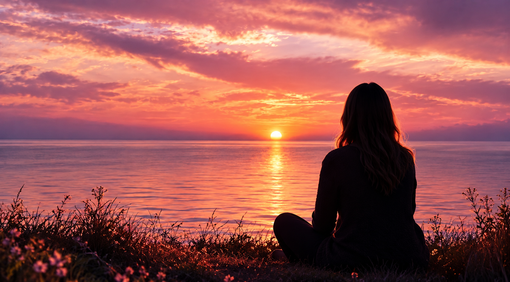 Woman seated by the water at sunset